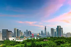 Guangdong Prints: Shenzhen, China city skyline in the civic center district at twilight