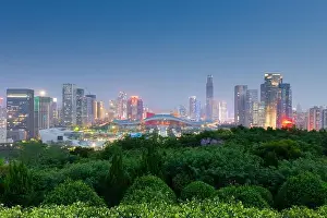 Shenzhen, China city skyline in the civic center district at twilight