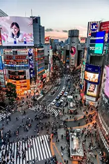 Shibuya Crossing from above, crowds of people at intersection