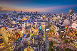 Shibuya, Tokyo, Japan city skyline over the famous scramble crosswalk at dusk