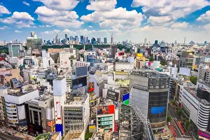 Kanto Prints: Shibuya, Tokyo, Japan city skyline towards Shinjuku Ward in the distance