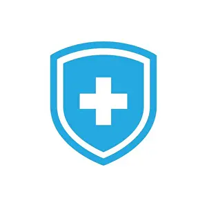 Vector Illustration Prints: Shield with medical cross sign vector icon. Blue hospital or medicine symbol