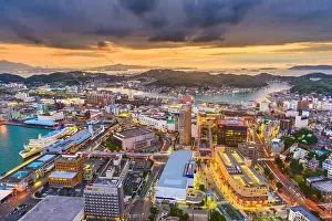 Shimonoseki, Yamaguchi, Japan town skyline at the harbor during dusk