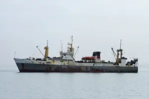 Atlantic Coast Prints: Ship anchored in misty Walvis Bay, Namibia, Africa