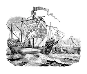 Sails Prints: Ship from the period of Edward IV, 1442 – 1483, vintage illustration from 1844