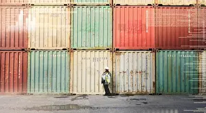 Operator Prints: Shipping container cargo engineer black woman check distribution supply chain logistics and delivery storage