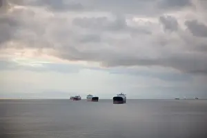 Anchored Prints: Ships anchored off the coast of Ferguson Point in Stanley Park Vancouver British Columbia Canada