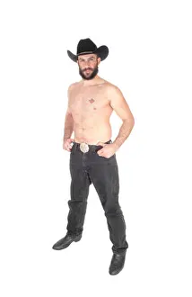 Belt Prints: Shirtless man with a cowboy hat, in full length