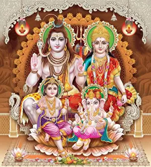 Hindu Festival Prints: Shiva Parvati Family Picture with little Ganesha and Kartika