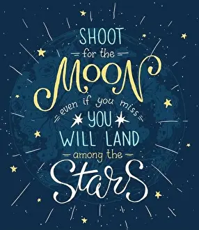 Inspirational Prints: Shoot for the moon poster Hand drawn inspirational qoute about moon and stars