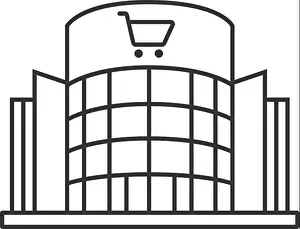 Emporium Prints: Shopping centre linear icon. Mall building