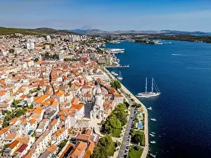 Sibenik Prints: Sibenik, Croatia - July 31, 2024: Aerial view of Sibenik City with St James Cathedral in Croatia