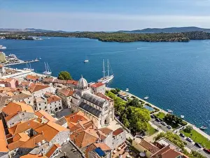 Sibenik, Croatia - July 31, 2024: Aerial view of Sibenik City with St James Cathedral in Croatia