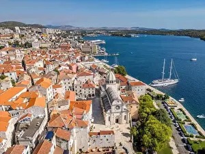 Sibenik, Croatia - July 31, 2024: Aerial view of Sibenik City with St James Cathedral in Croatia