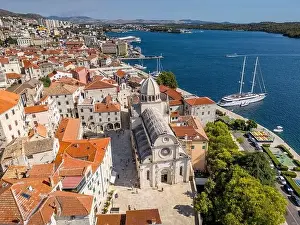 Sibenik, Croatia - July 31, 2024: Aerial view of Sibenik City with St James Cathedral in Croatia