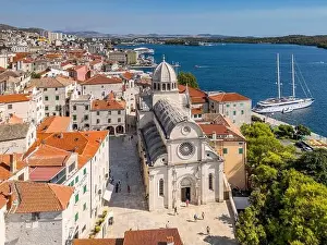 Sibenik Prints: Sibenik, Croatia - July 31, 2024: Aerial view of Sibenik City with St James Cathedral in Croatia