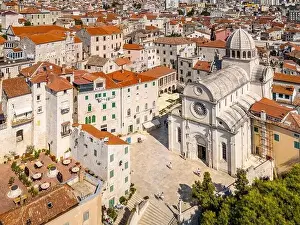 Sibenik, Croatia - July 31, 2024: Aerial view of Sibenik City with St James Cathedral in Croatia