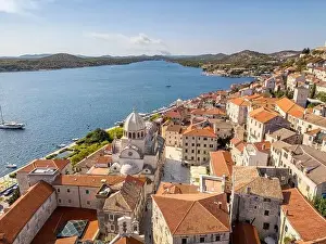 Sibenik, Croatia - July 31, 2024: Aerial view of Sibenik City with St James Cathedral in Croatia
