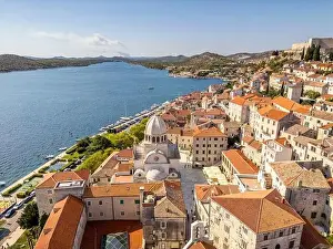 Sibenik, Croatia - July 31, 2024: Aerial view of Sibenik City with St James Cathedral in Croatia