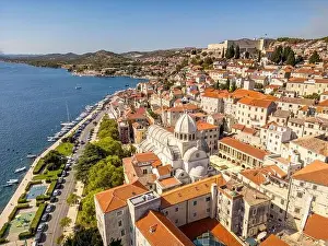 Sibenik, Croatia - July 31, 2024: Aerial view of Sibenik City with St James Cathedral in Croatia