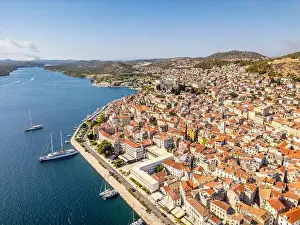 Sibenik, Croatia - July 31, 2024: Aerial view of Sibenik City with St James Cathedral in Croatia