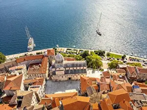 Sibenik, Croatia - July 31, 2024: Aerial view of Sibenik City with St James Cathedral in Croatia