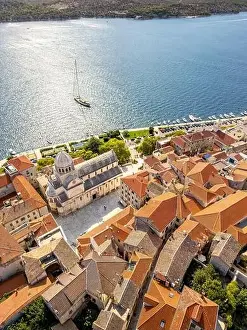 Sibenik, Croatia - July 31, 2024: Aerial view of Sibenik City with St James Cathedral in Croatia