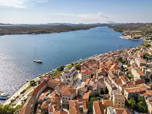 Sibenik, Croatia - July 31, 2024: Aerial view of Sibenik City with St James Cathedral in Croatia
