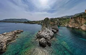 Sicily 2023. Aerial view of the sea stacks of Scopello and the crystalline sea