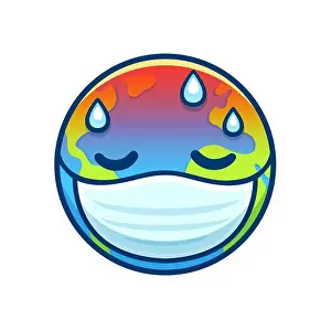 Sweat Prints: Sick Earth in face mask having fever with drops of sweat