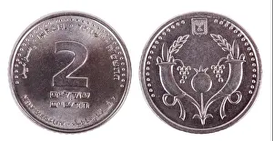 Frontal Prints: Two sides an Israeli 2 Shekels (Singular: Shekel) coin