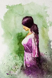 Sideview Prints: Sideview of an Indian woman in violet dress with green natural background with copyspace