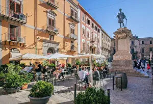 Mediterranean Island Prints: Sidewalk cafe in the Piazza Bologni with monument Carlo V, Palermo, Sicily, Italy
