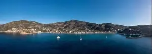 Whitewashed Prints: Sifnos island, Platys gialos aerial drone panoramic view from the sea