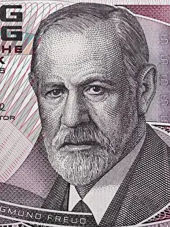 Psychiatrist Prints: Sigmund Freud portrait on Austria 50 schilling banknote closeup macro
