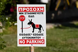 Donkey Prints: Sign for no parking in greek, in graphic shows a donkey tied to a pole Stop