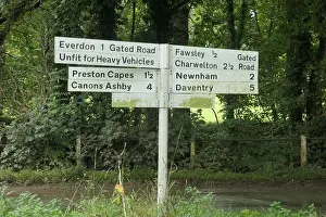 Council Prints: sign post Fawsley Everdon Preston Capes gated road Canons Ashby Newnham Daventry Charwelton unfit for heavy vehicles UK