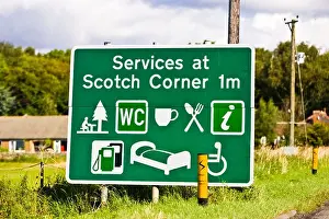 Highways Prints: Sign showing distance to Scotch Corner services on the A1 with facilities, England, UK
