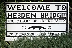 Hebden Bridge Prints: Sign Welcome to Hebden Bridge, seen at Hebden Bridge station, Yorkshire, England, UK