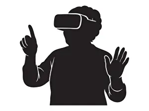 Reality Prints: Silhouette of elderly woman engaged in virtual reality experience with headset