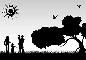 Silhouette Family on Background with Tree and grass, element for design, vector illustration