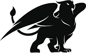 Fierce Prints: Silhouette of Griffin. Mystery creature with eagle head and lion body and eagle wings