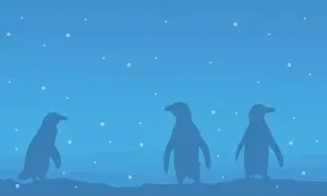 Iceberg Prints: Silhouette of penguin on blue background scenery