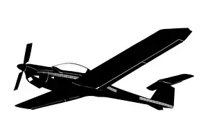 Fuselage Prints: A silhouette of a small plane in flight isolated against white background