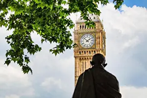 Elizabeth Tower Prints: Silhouette of the statue of Ghandi Indian lawyer