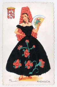 Silk embroidery postcard by artist Elsi Gumier of a woman from Andaluciaholding a fan and wearing traditional dress of the region, circa 1950s, 1960's
