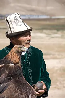 Tribes Prints: Silk Route Kyrgyzstan Karakol Issyk Kul Lake Kochten Village Steppes Eagle with Trainer