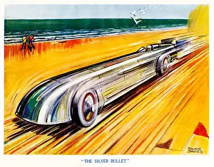 Magazine Prints: The Silver Bullet 1930 boys comic book illustration of an attempt at the land speed record on the beach