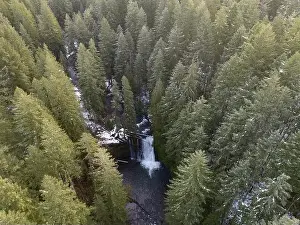 Silver Creek flows over the beautiful Upper North Falls near Silverton, Oregon. This scenic, heavily forested area harbors many impressive waterfalls