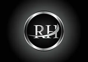 Glittering Prints: silver letter RH metal combination alphabet logo icon design with grey color on Black
